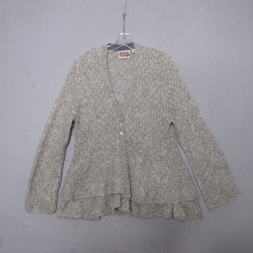 Rosie Neira Cardigan XL Gray Mohair Wool Blend Pointelle Peplum Boho Romantic